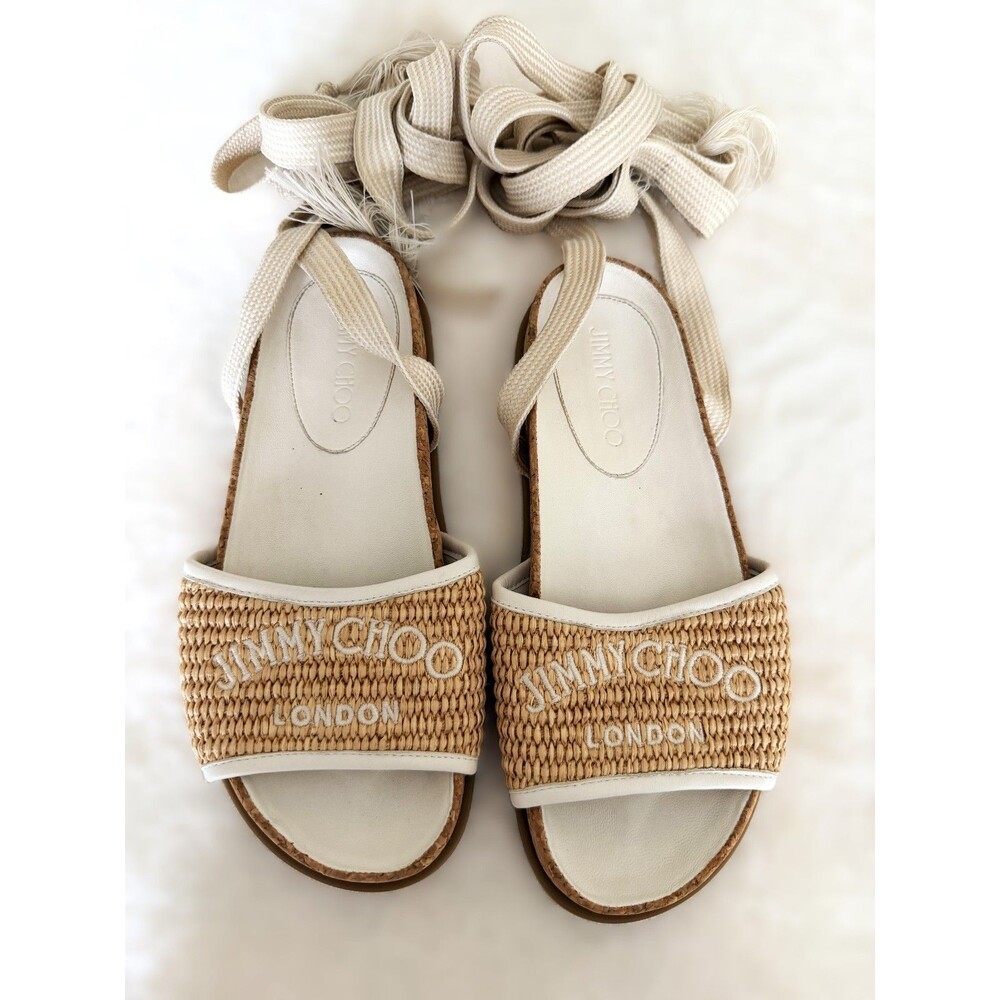 Jimmy Choo Raffia Espadrille Sandals Size 37 US 7 Authentic Certified